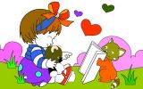 小女孩小花猫读书
